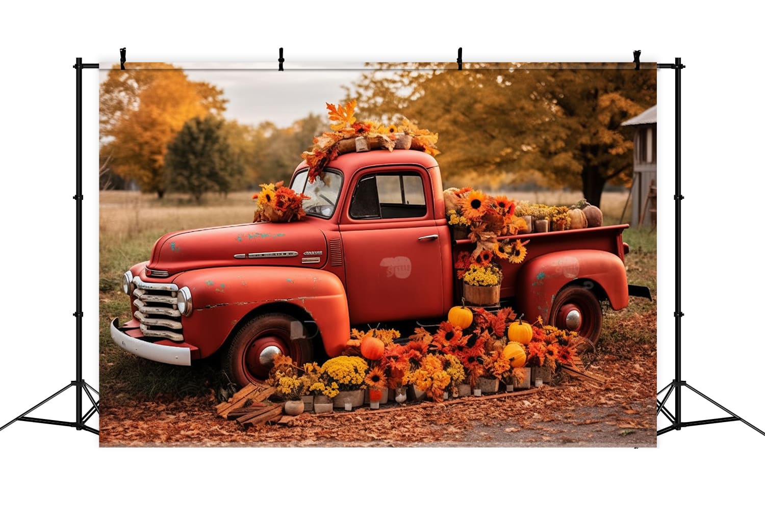 Toile de Fond de Camion Rouge avec Fleurs et Citrouilles d'Automne RR7-156