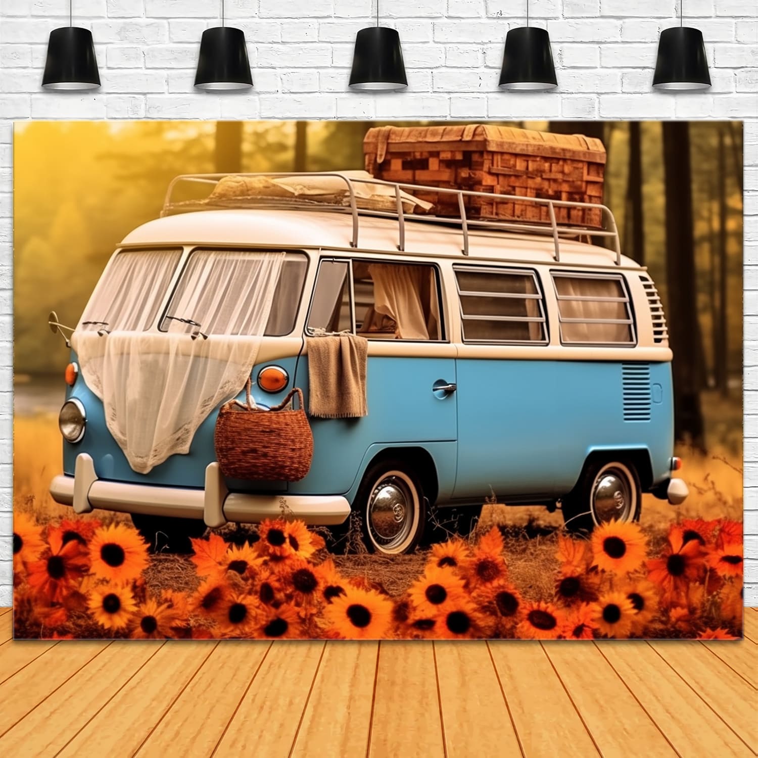 Toile de Fond de Tournesols avec Bus Voiture Bleu Blanc d'Automne RR7-163