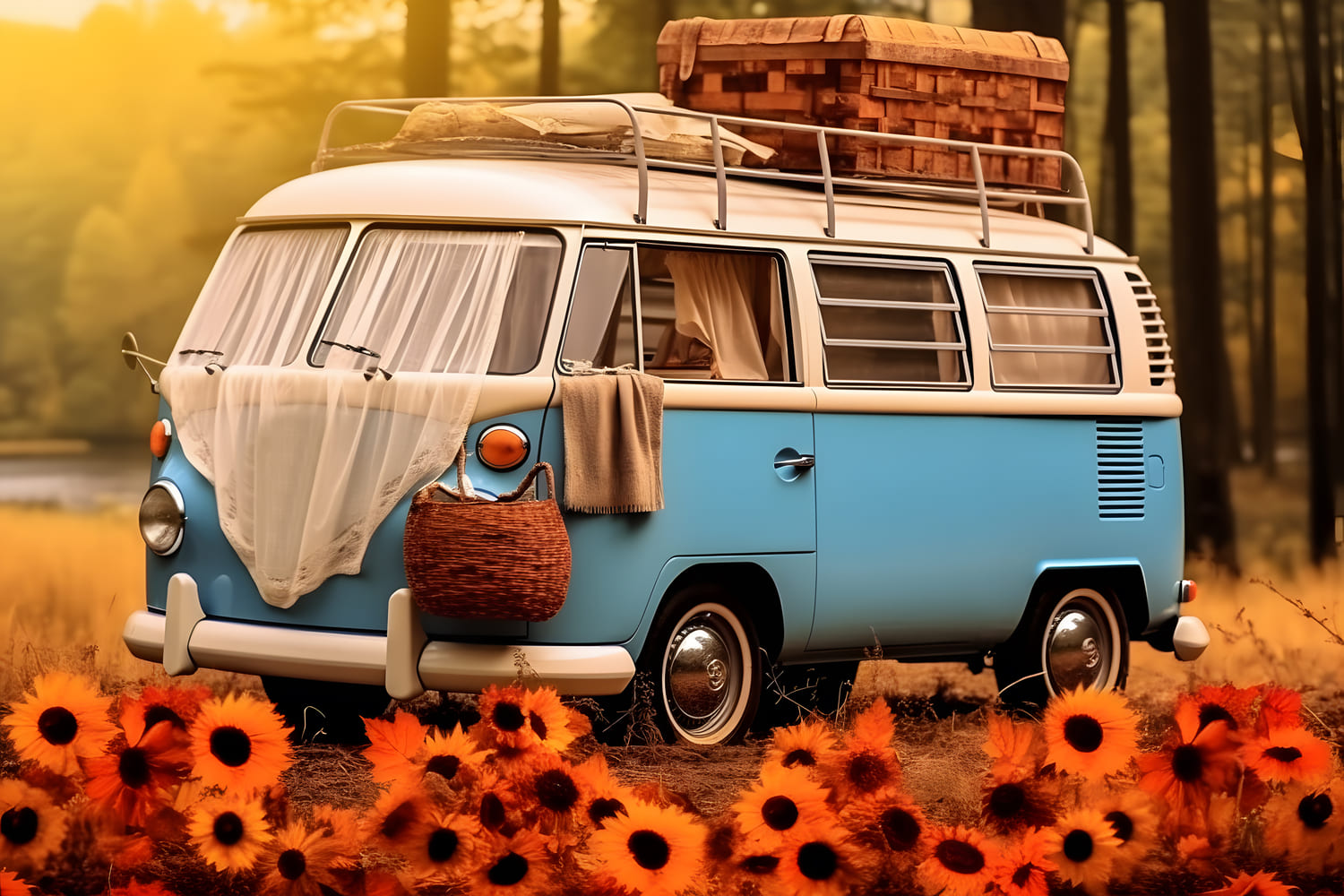 Toile de Fond de Tournesols avec Bus Voiture Bleu Blanc d'Automne RR7-163