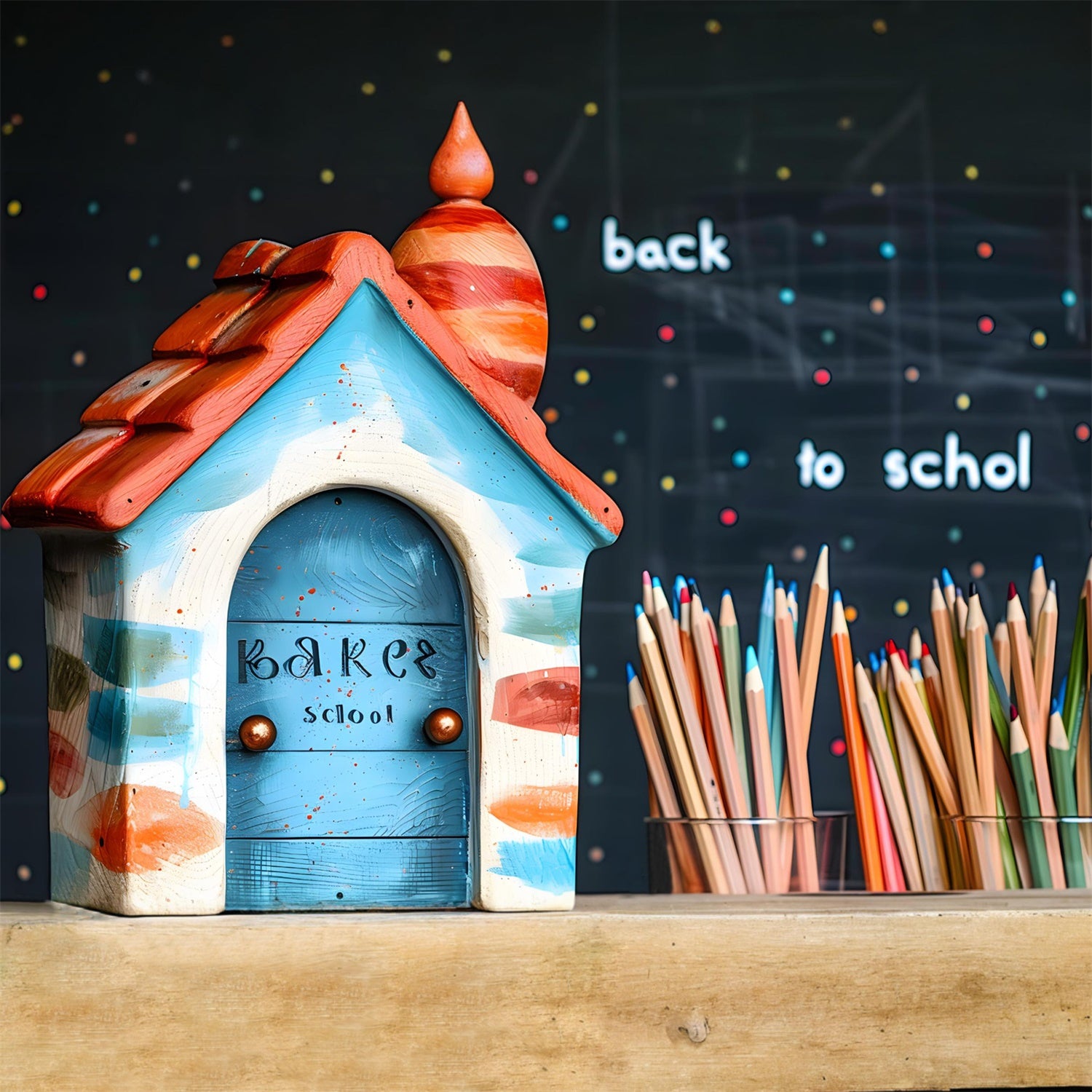 Toile de Fond de Petite Maison et Crayons pour la Rentrée RR7-201