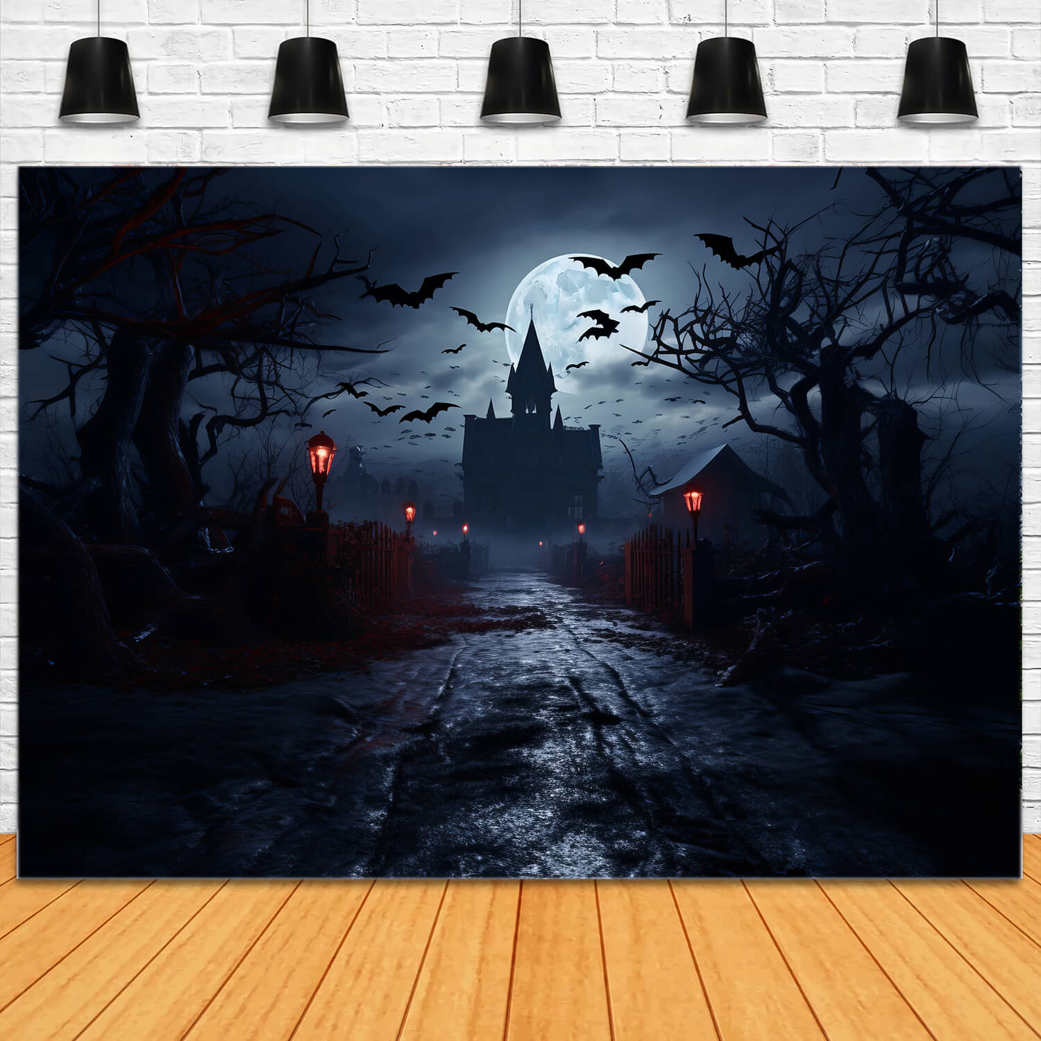 Toile de Fond Effrayante de Maisons Hantées Éclairées par la Lune d'Halloween RR7-26