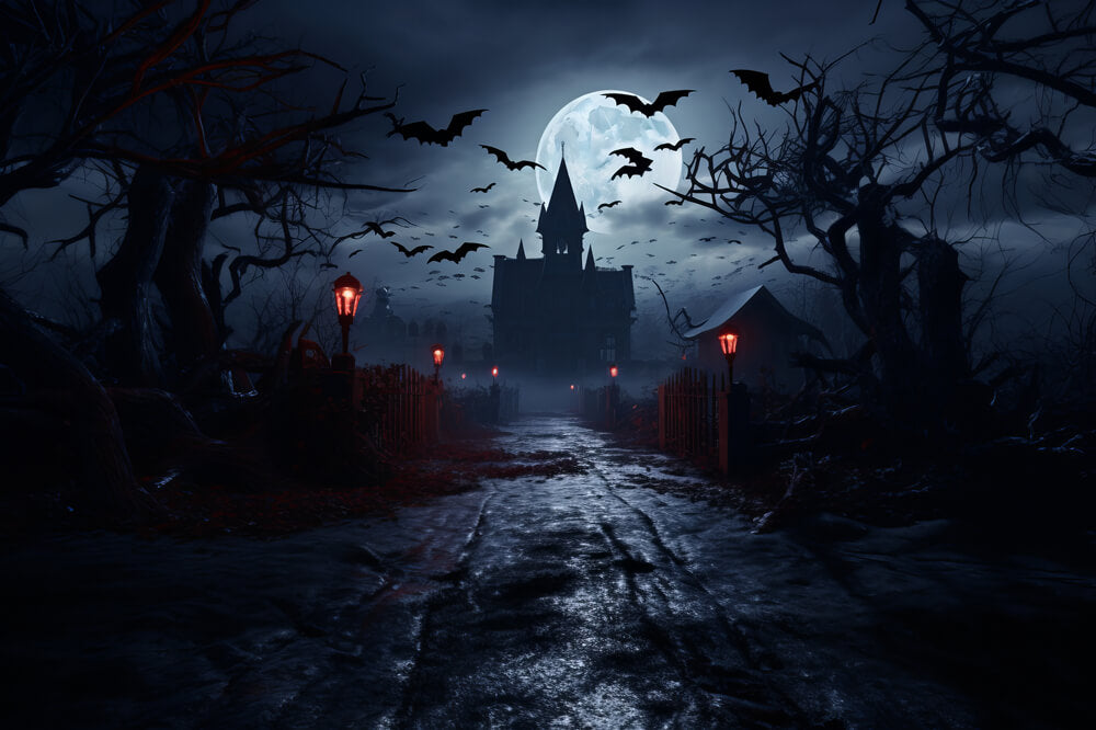 Toile de Fond Effrayante de Maisons Hantées Éclairées par la Lune d'Halloween RR7-26