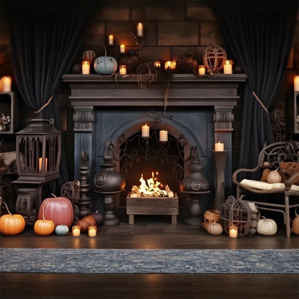 Toile de fond de cheminée chaleureuse avec citrouille d'Halloween RR7-264