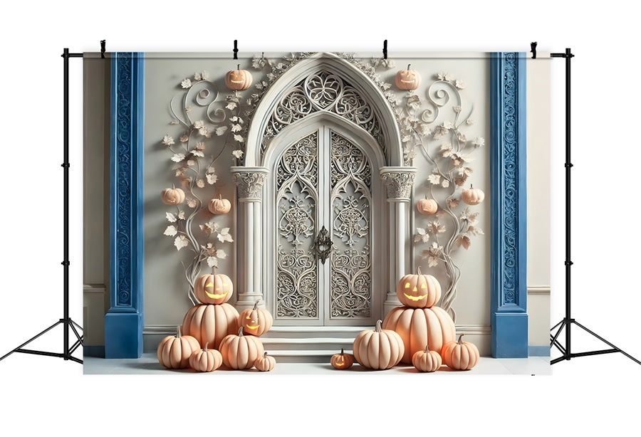 Toile de fond d'arche gothique blanche avec citrouille d'Halloween RR7-272