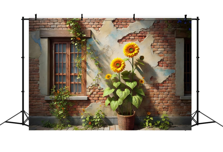 Toile de fond de mur de briques rustique avec tournesols et lierre RR7-276