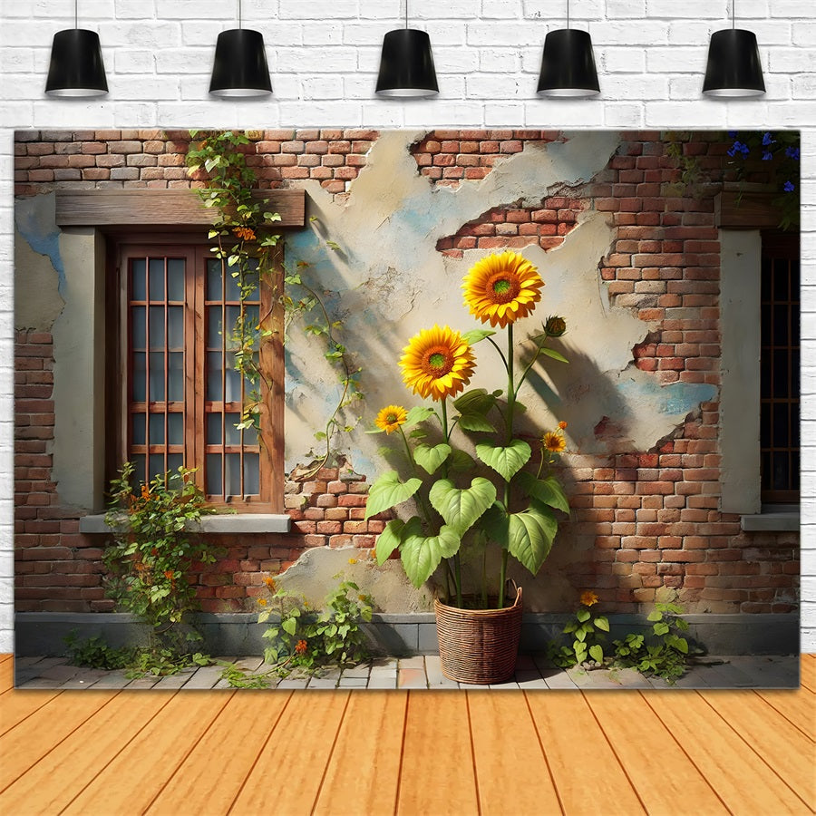Toile de fond de mur de briques rustique avec tournesols et lierre RR7-276