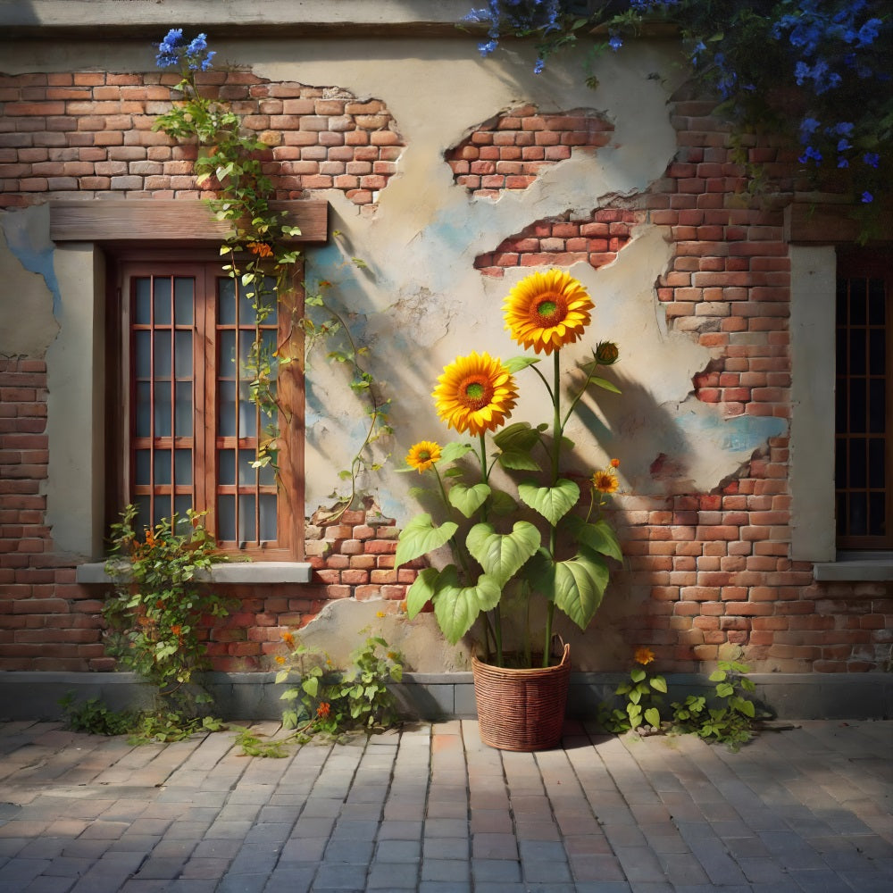 Toile de fond de mur de briques rustique avec tournesols et lierre RR7-276