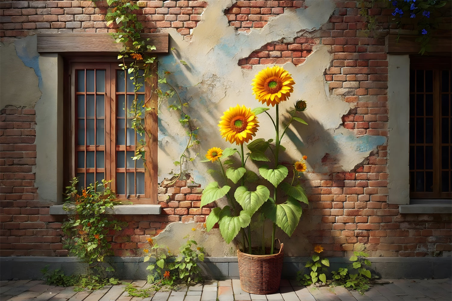 Toile de fond de mur de briques rustique avec tournesols et lierre RR7-276