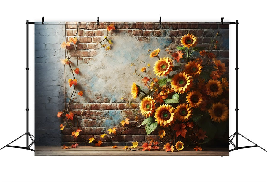 Toile de fond de mur de briques rustique avec tournesols et feuilles d'automne RR7-277