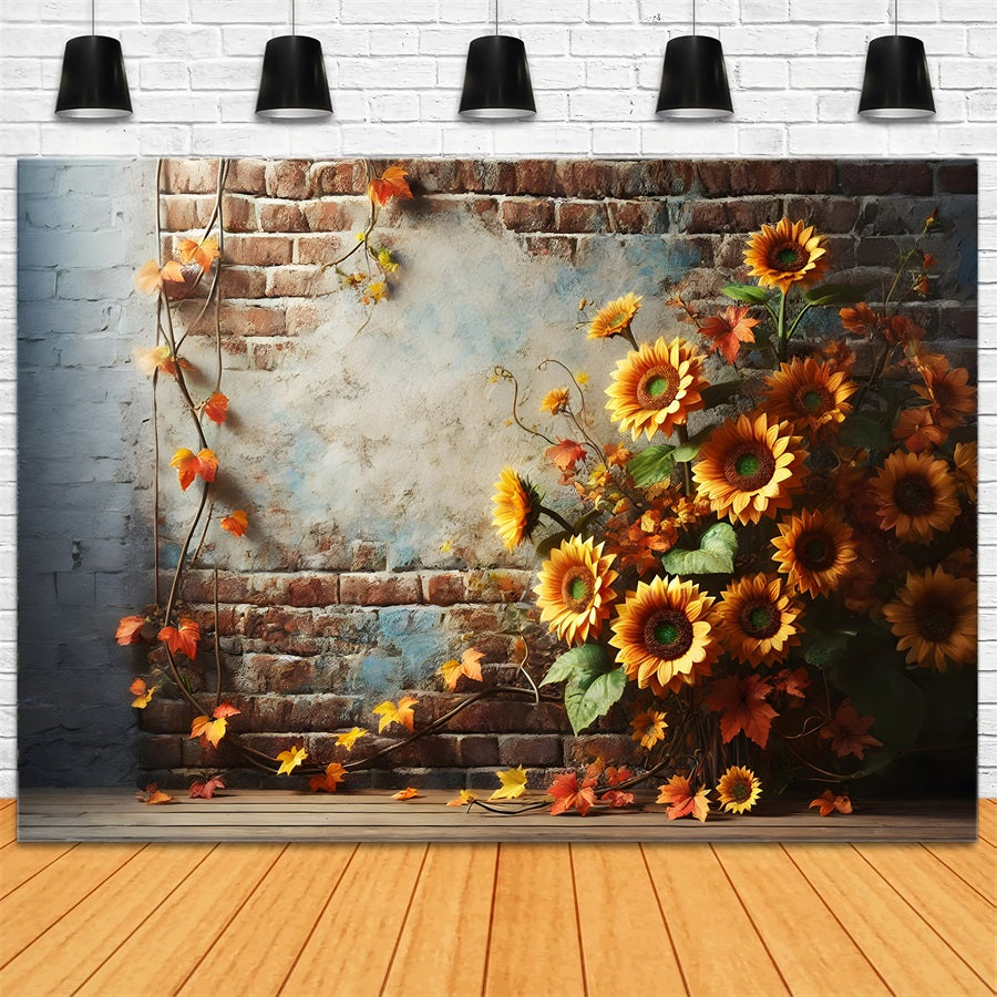 Toile de fond de mur de briques rustique avec tournesols et feuilles d'automne RR7-277