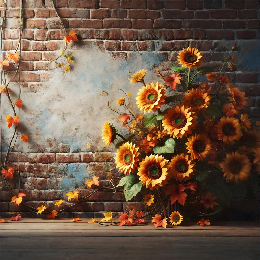 Toile de fond de mur de briques rustique avec tournesols et feuilles d'automne RR7-277