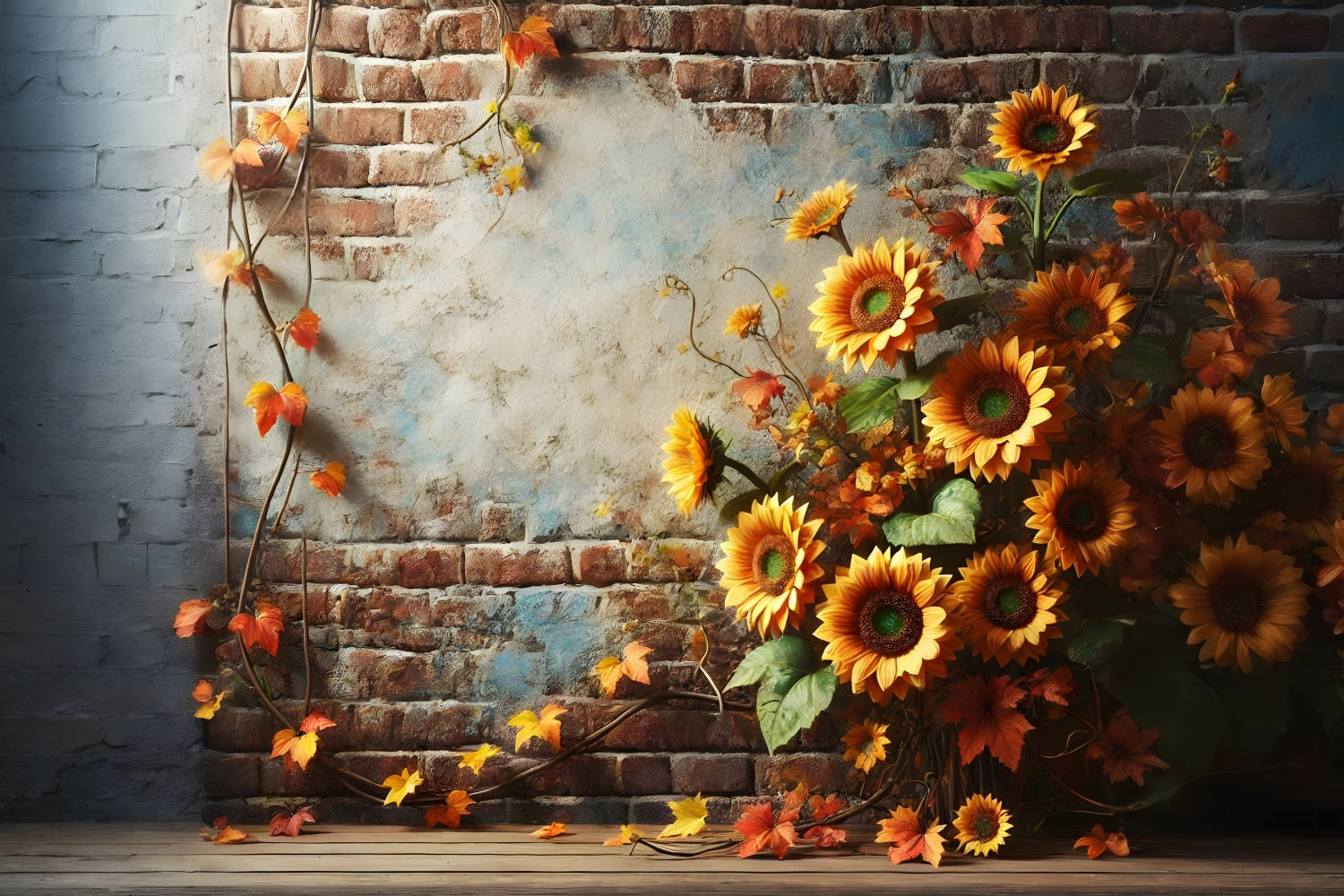Toile de fond de mur de briques rustique avec tournesols et feuilles d'automne RR7-277