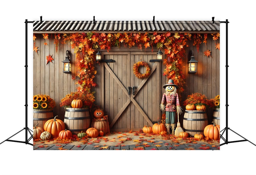 Toile de fond de porte de grange d'automne avec citrouilles et épouvantail RR7-302
