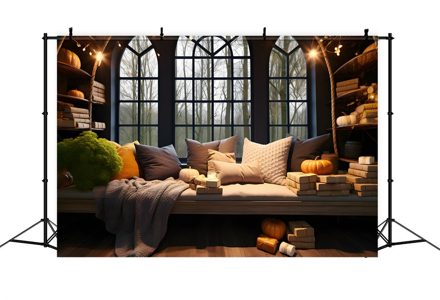 Toile de fond de coin fenêtre chaleureux d'automne avec citrouilles et coussins RR7-312