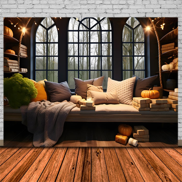 Toile de fond de coin fenêtre chaleureux d'automne avec citrouilles et coussins RR7-312