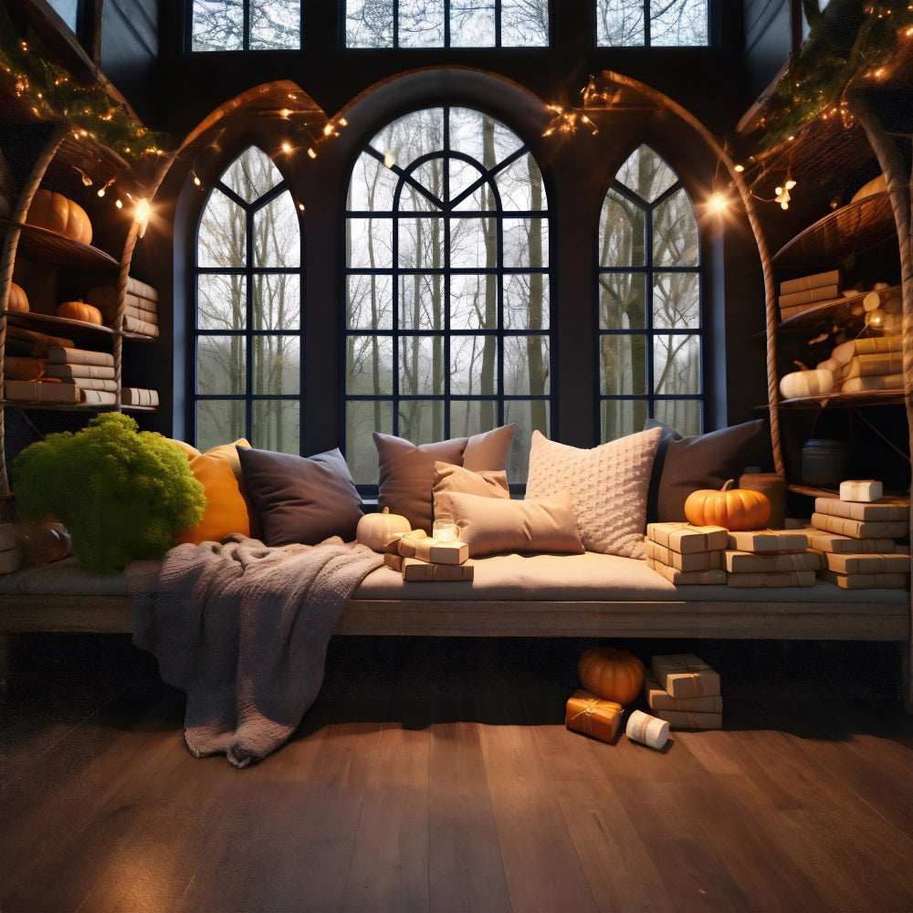 Toile de fond de coin fenêtre chaleureux d'automne avec citrouilles et coussins RR7-312