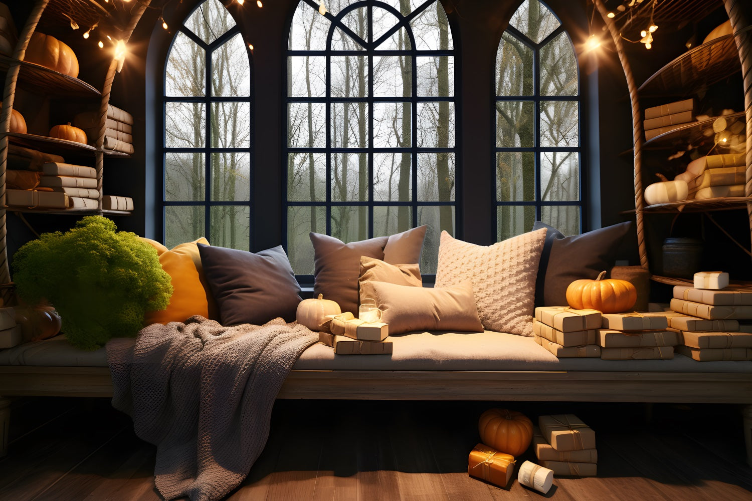 Toile de fond de coin fenêtre chaleureux d'automne avec citrouilles et coussins RR7-312