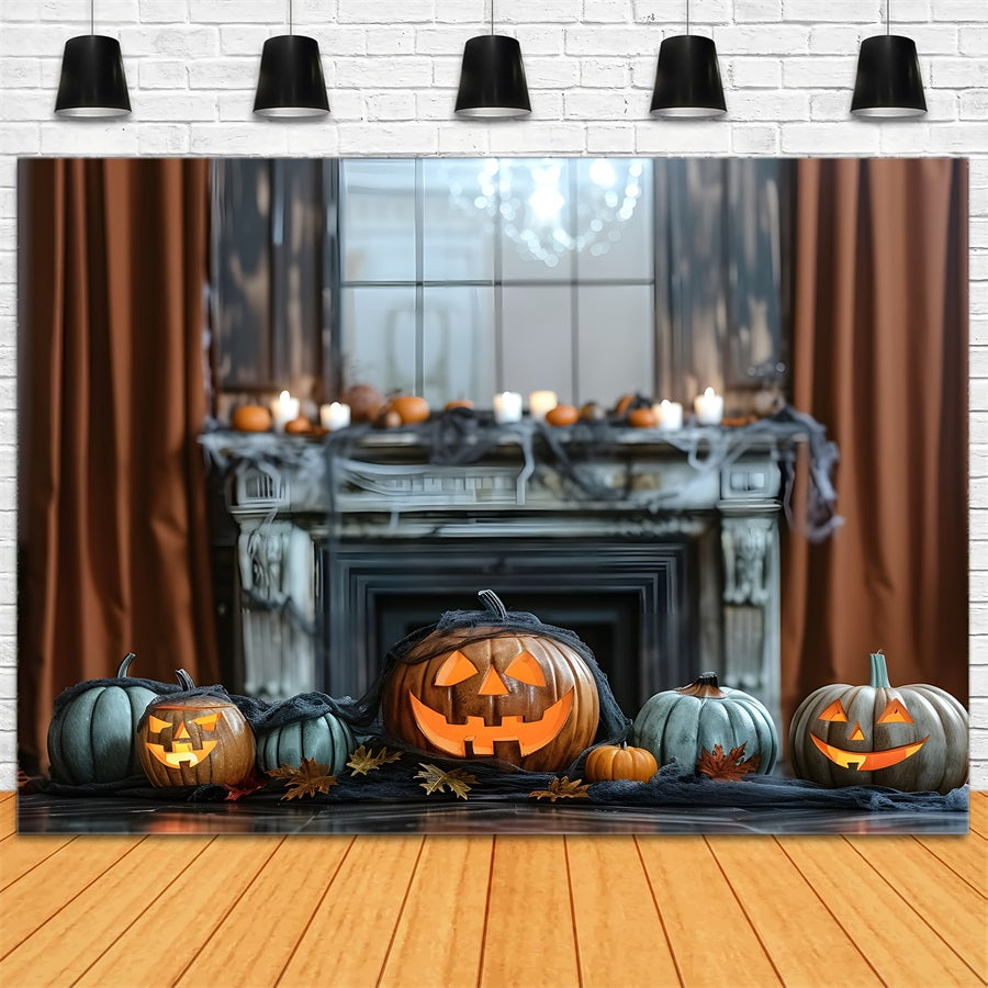 Toile de fond de cheminée hantée avec citrouilles lumineuses d'Halloween RR7-323