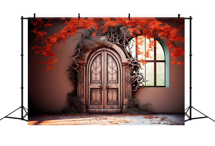Toile de fond de porte enchantée d'automne avec feuilles rouges RR7-332