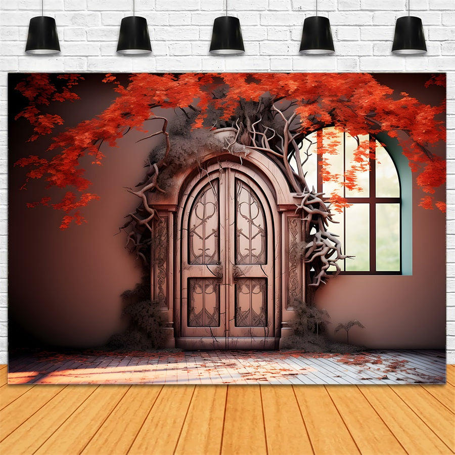 Toile de fond de porte enchantée d'automne avec feuilles rouges RR7-332