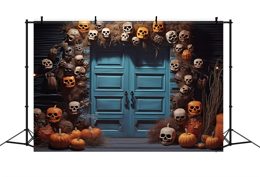 Toile de fond de porte bleue avec crâne et citrouille d'Halloween RR7-343