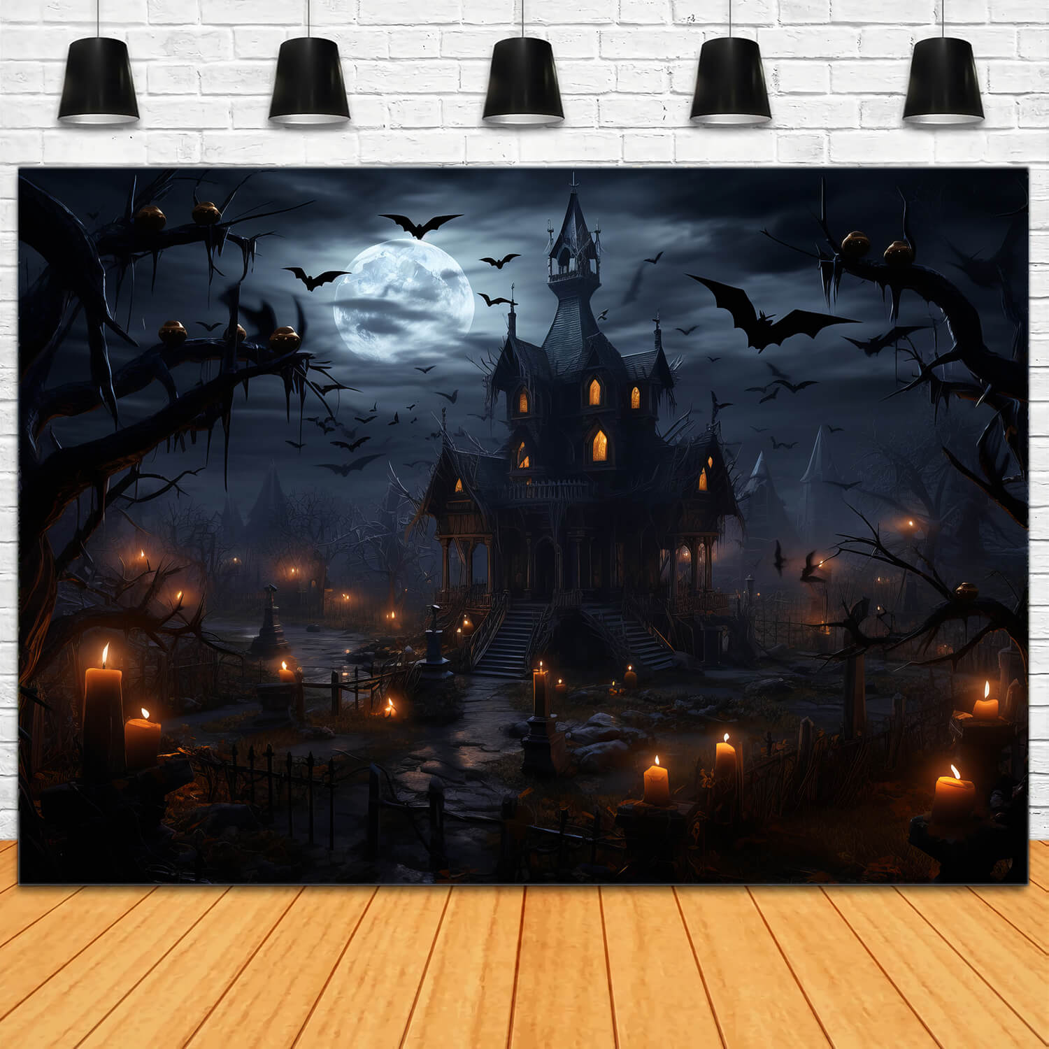 Toile de Fond de Château Effrayant avec Chauves-Souris et Bougies d'Halloween RR7-35