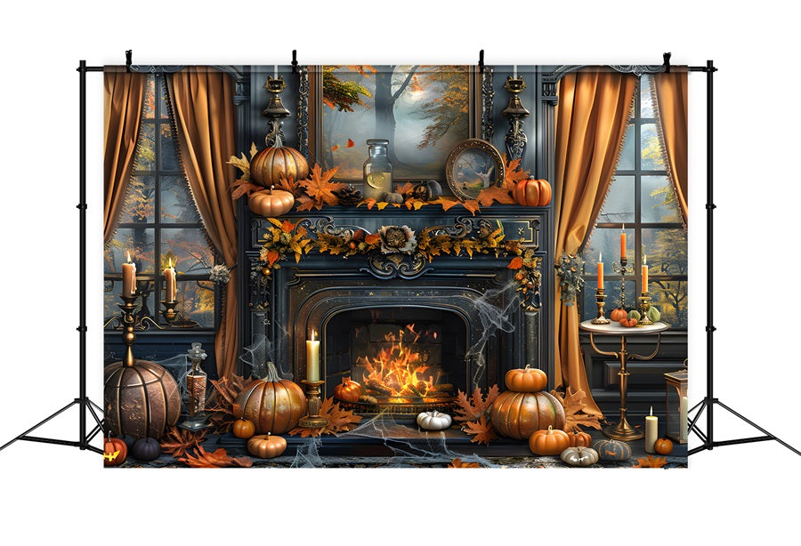 Toile de fond de cheminée enchantée d'automne avec décor de citrouilles RR7-353