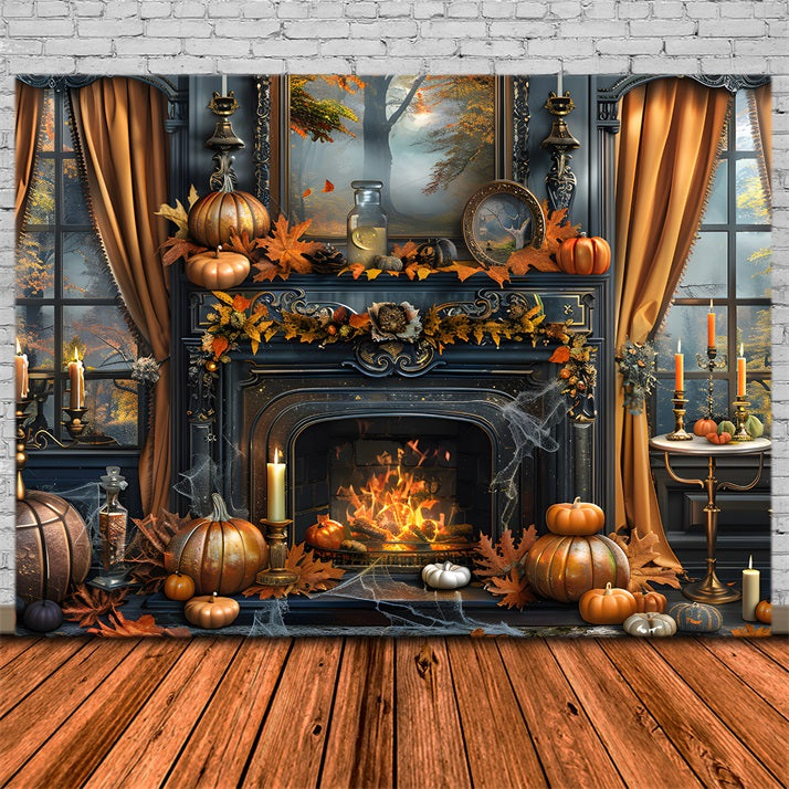 Toile de fond de cheminée enchantée d'automne avec décor de citrouilles RR7-353