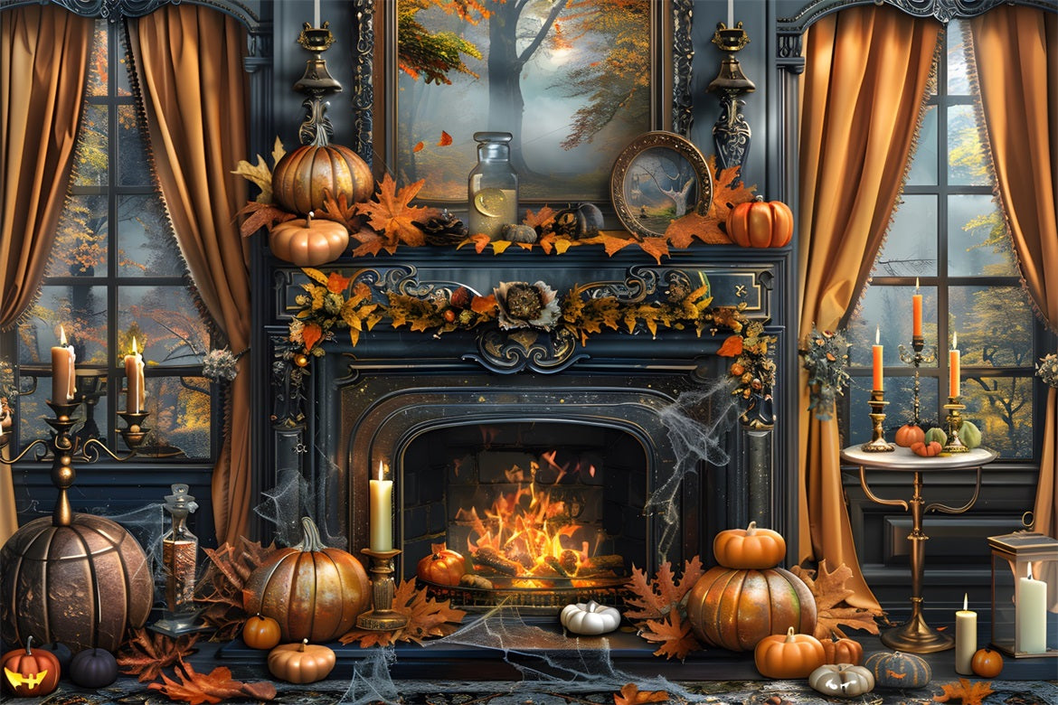 Toile de fond de cheminée enchantée d'automne avec décor de citrouilles RR7-353