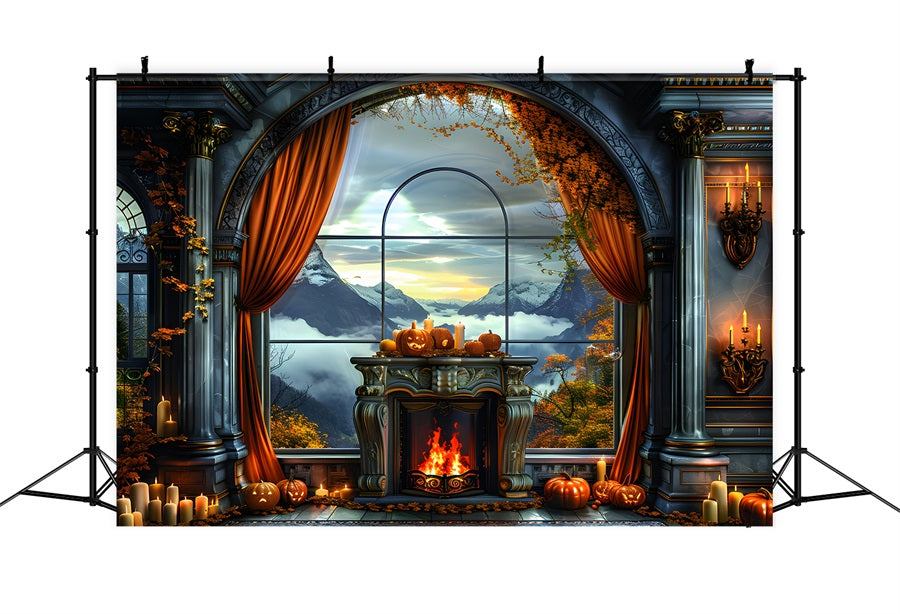 Toile de fond de vue sur la montagne avec Jack-o'-Lantern d'automne RR7-355