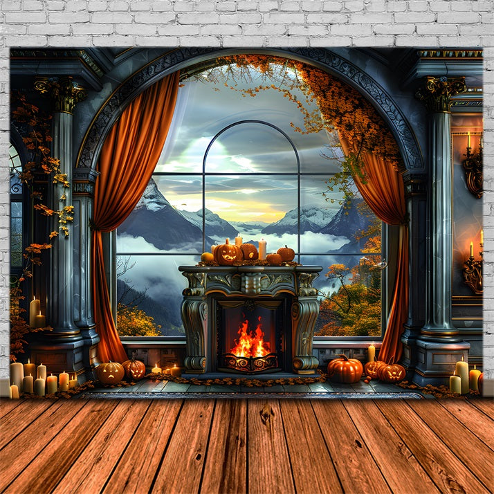 Toile de fond de vue sur la montagne avec Jack-o'-Lantern d'automne RR7-355
