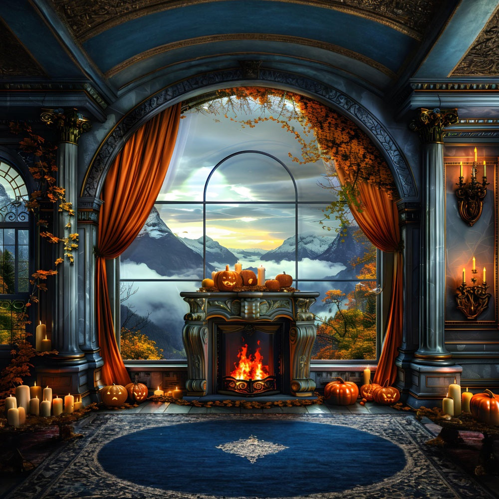 Toile de fond de vue sur la montagne avec Jack-o'-Lantern d'automne RR7-355