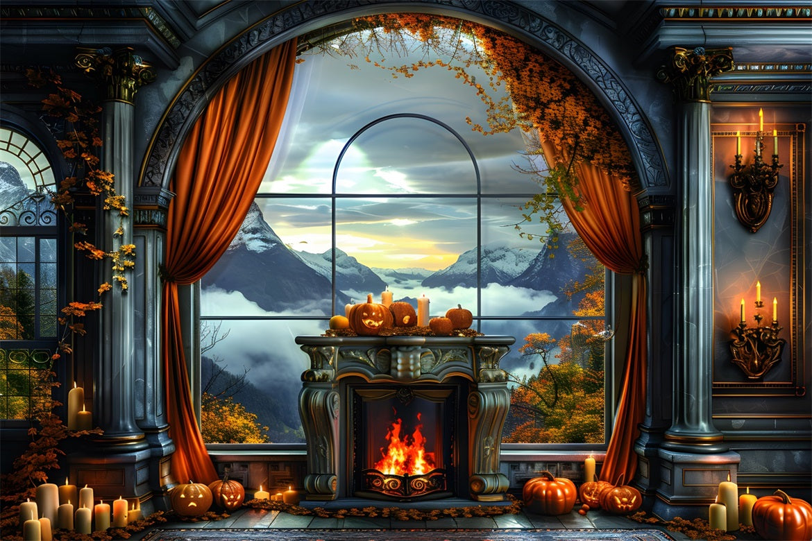 Toile de fond de vue sur la montagne avec Jack-o'-Lantern d'automne RR7-355
