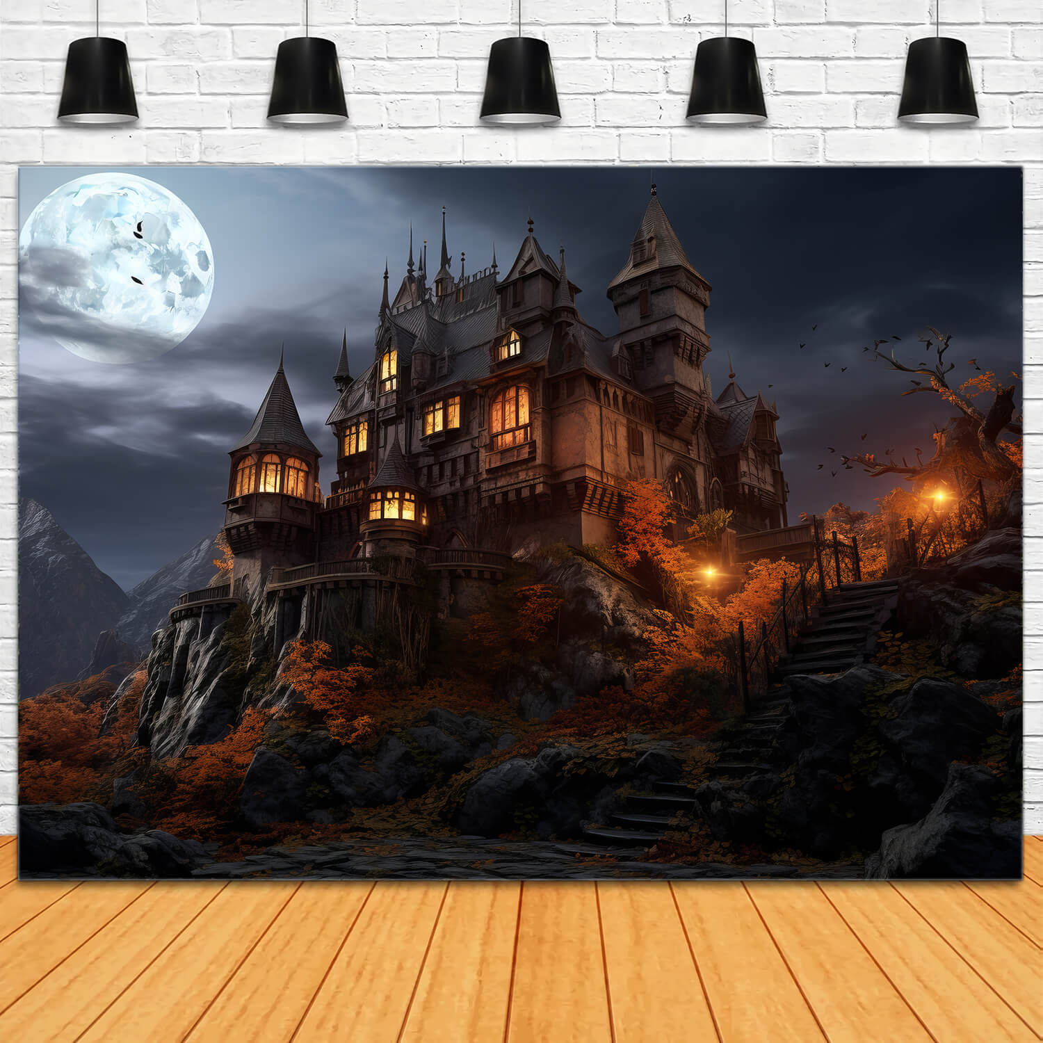 Toile de Fond de Photographie de Château de Pleine Lune d'Halloween RR7-36