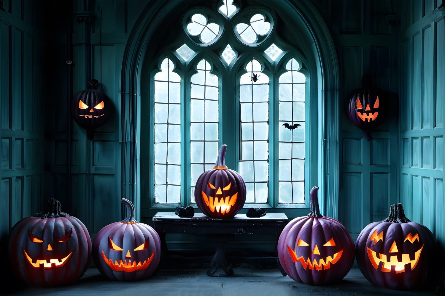 Toile de fond de fenêtre gothique avec Jack-o'-Lantern d'Halloween RR7-374