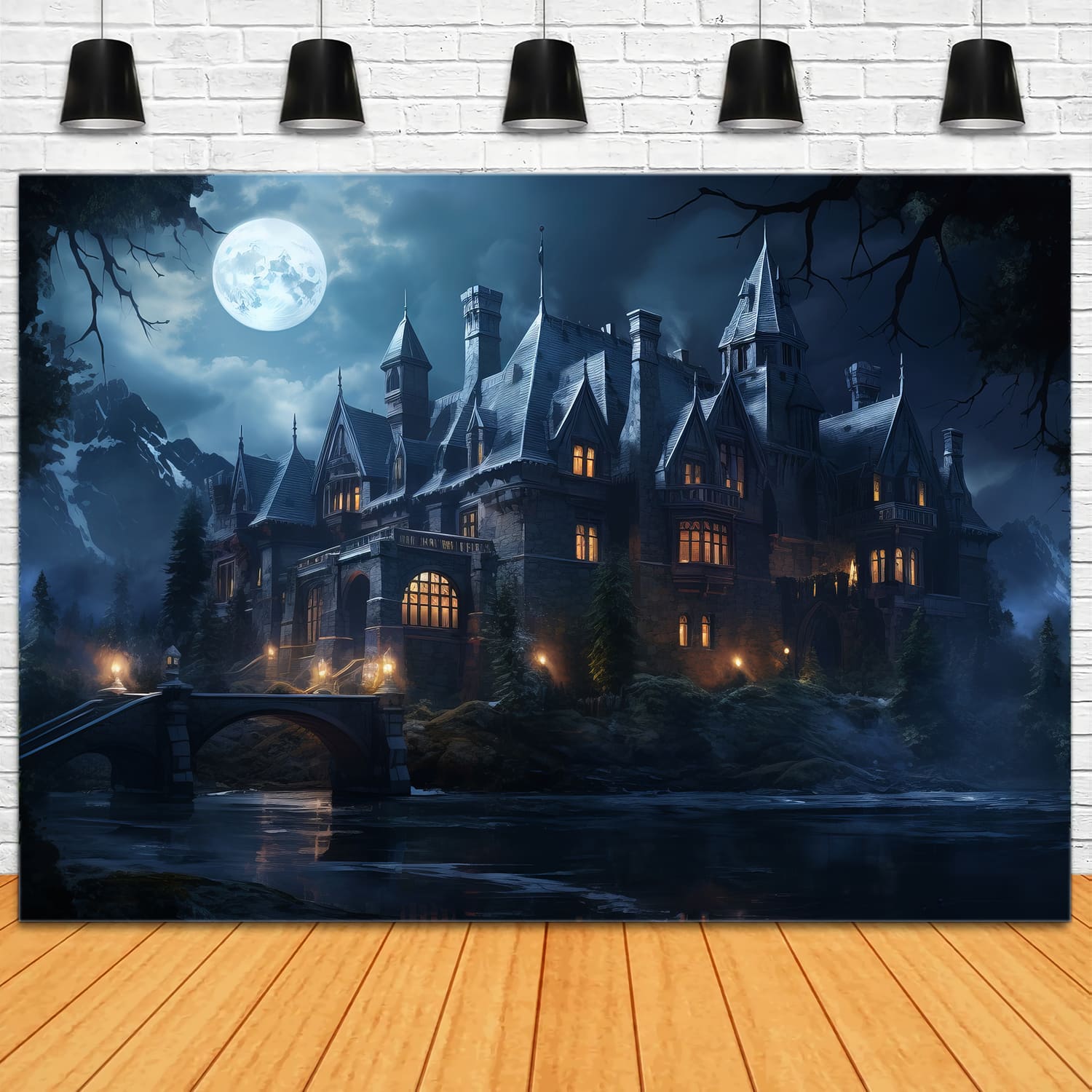 Toile de Fond de Château Hanté Éclairé par la Lune d'Halloween RR7-40