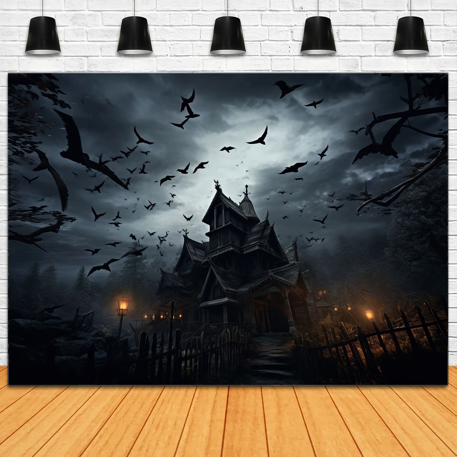 Toile de Fond de Photographie de Château Gothique avec Chauves-Souris d'Halloween RR7-41