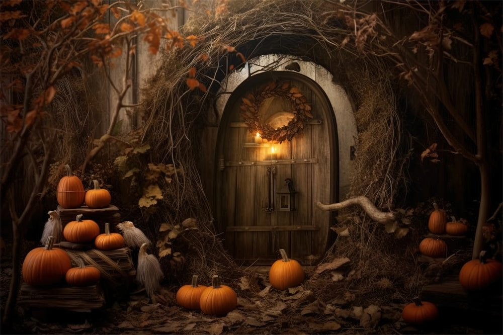 Toile de fond de cabane abandonnée avec citrouilles Halloween RR7-424