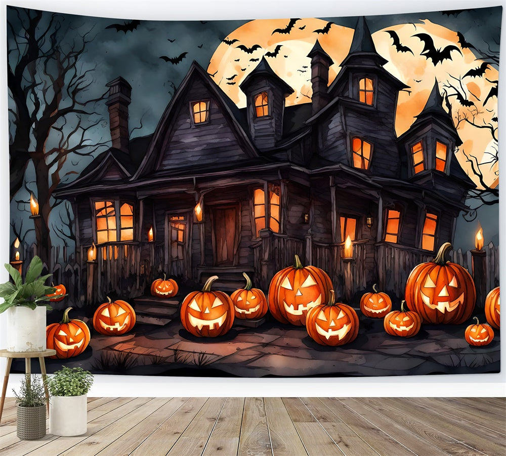 Toile de fond de maison de sorcière avec citrouilles et chauves-souris Halloween RR7-436