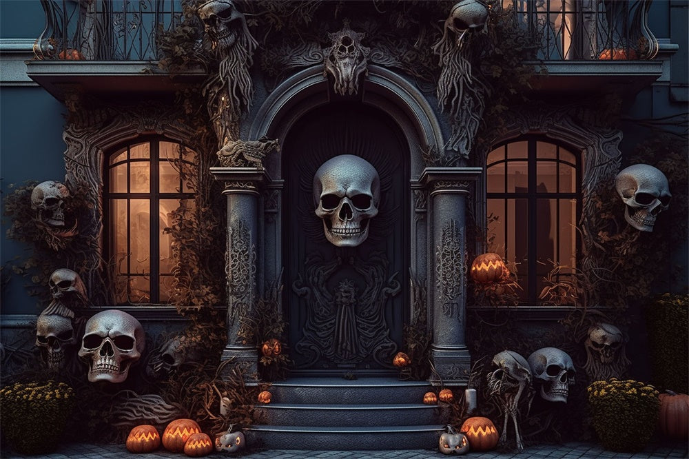 Toile de fond de porte de maison effrayante avec crâne Halloween RR7-462