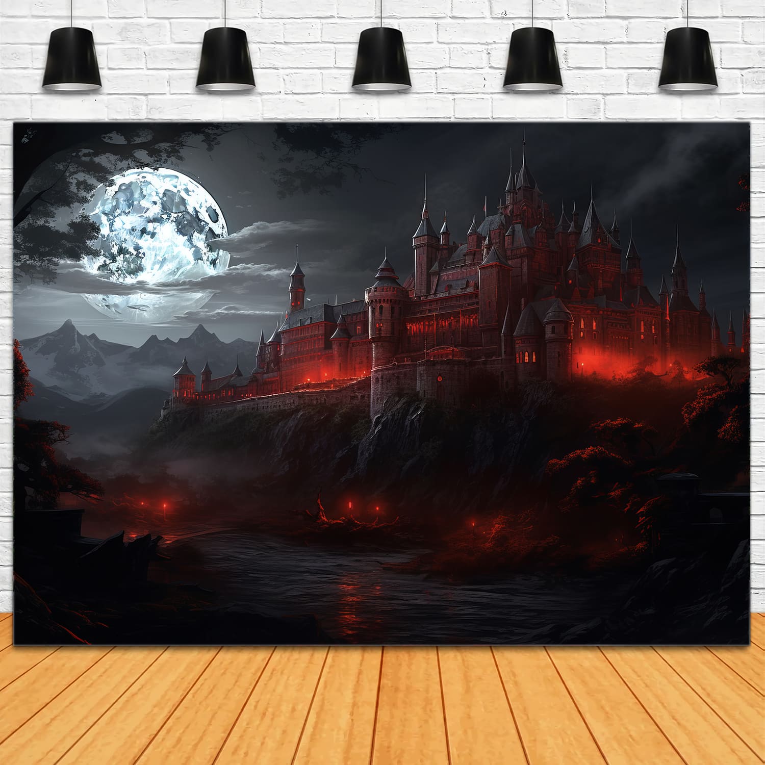 Toile de Fond de Château Sombre Gothique Éclairé par la Lune d'Halloween RR7-49