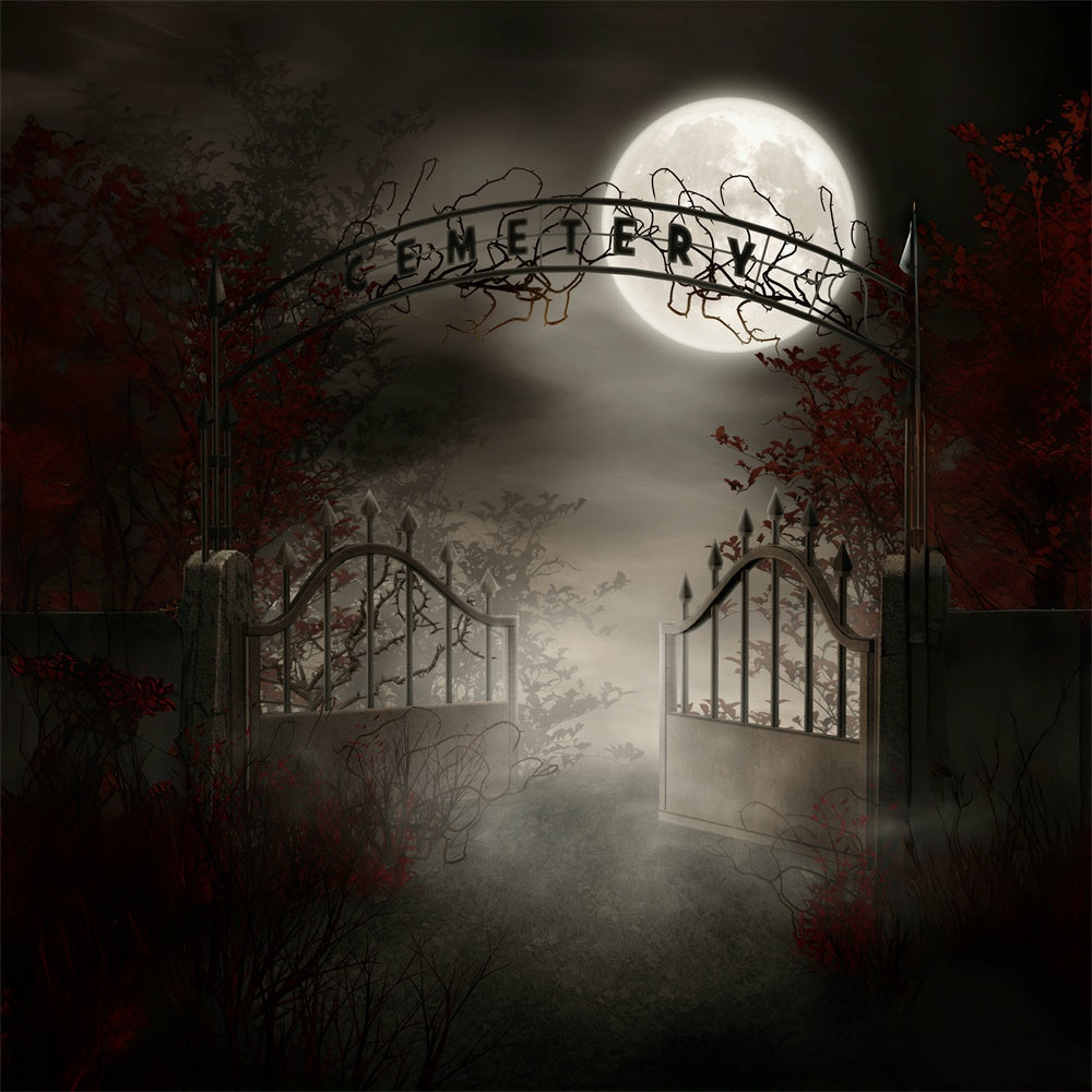 Toile de fond de cimetière brumeux avec lune nocturne Halloween RR7-515