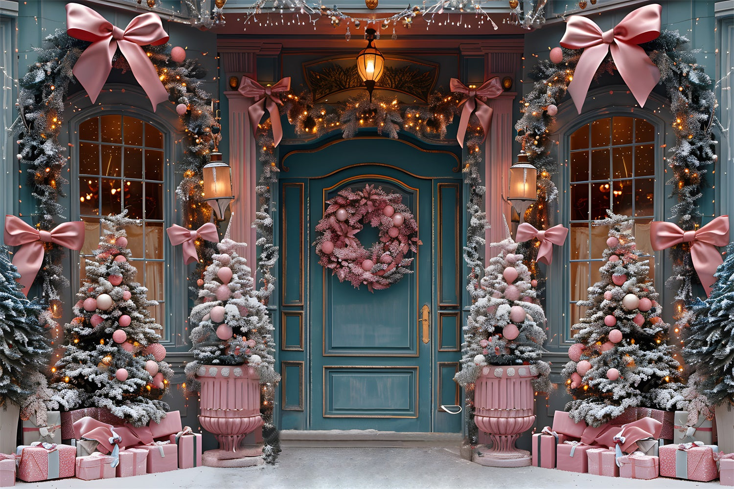 Toile de fond de Noël avec Décor Élégant et Nœud Rose pour Porte RR7-566