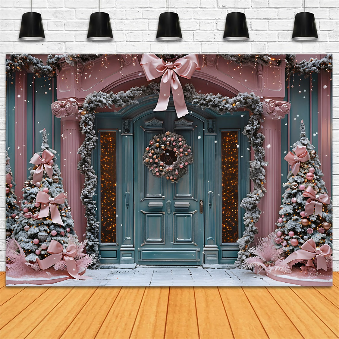 Toile de fond de Noël Hiver Merveilleux avec Ruban Rose pour Porte RR7-567