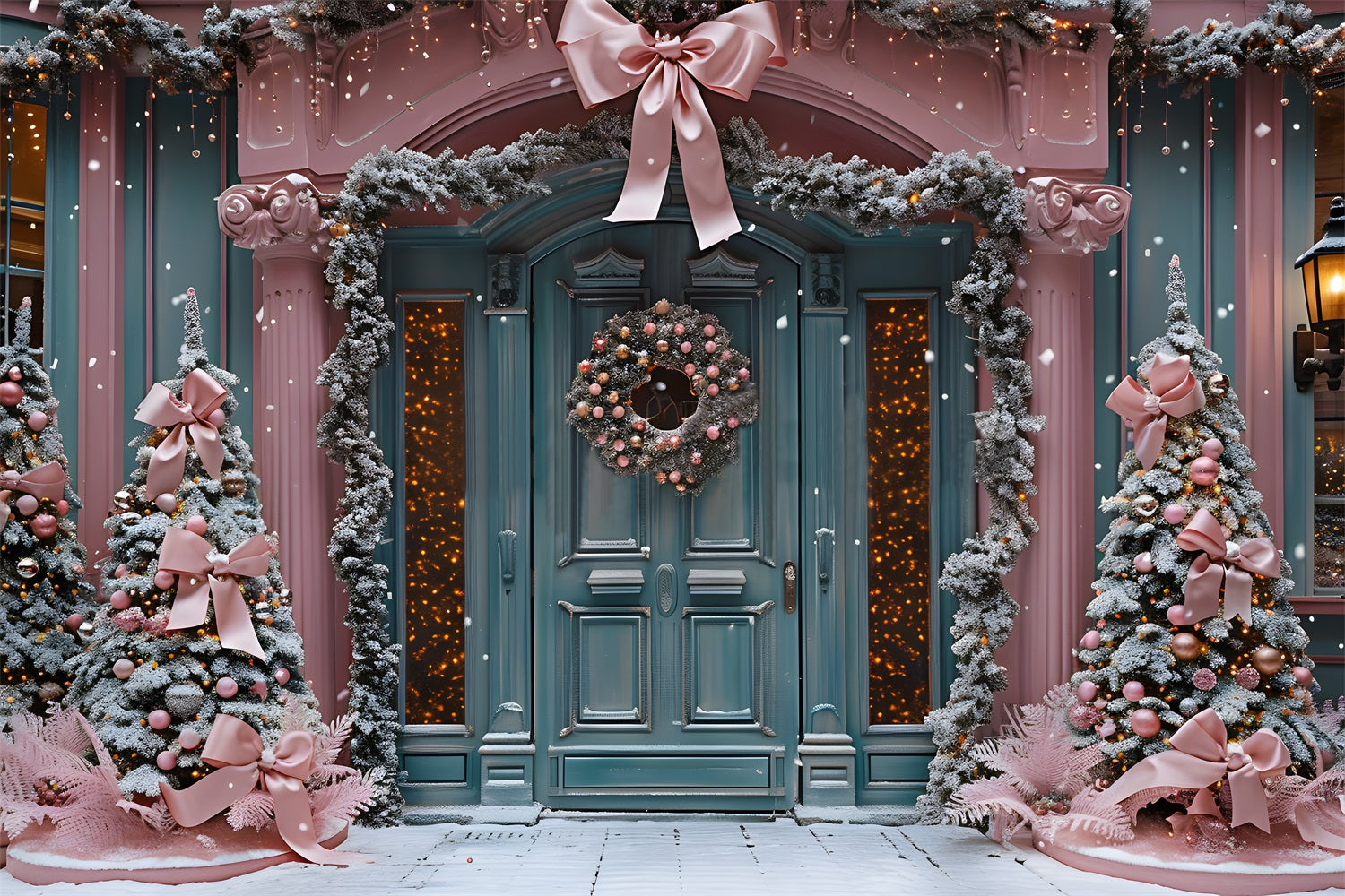 Toile de fond de Noël Hiver Merveilleux avec Ruban Rose pour Porte RR7-567