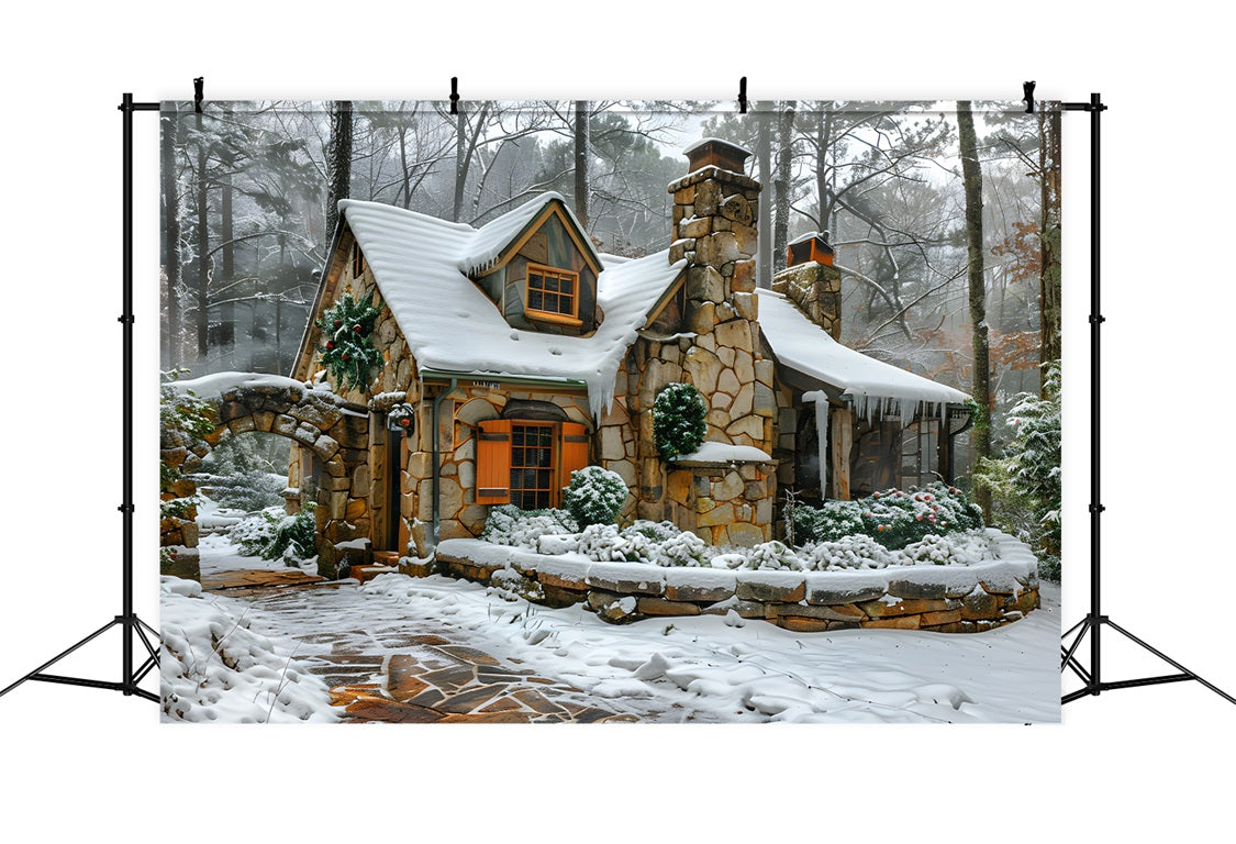 Toile de fond de Noël Cottage en Pierre Enneigé RR7-572