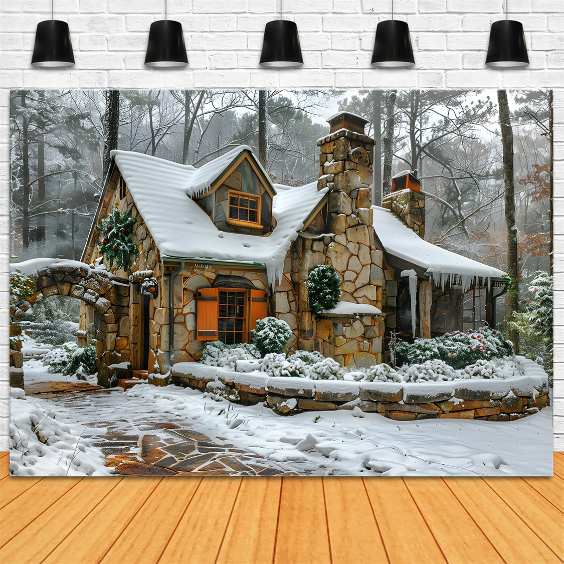 Toile de fond de Noël Cottage en Pierre Enneigé RR7-572