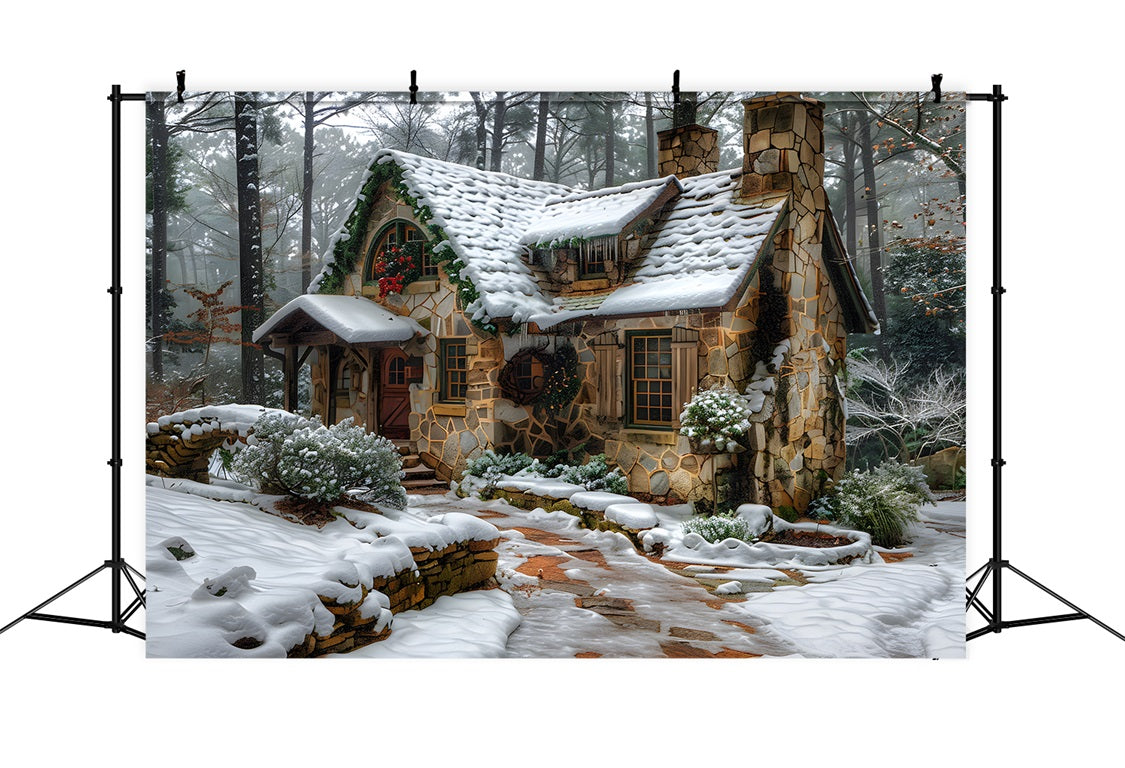 Toile de fond de Noël Cottage en Pierre Rustique RR7-573