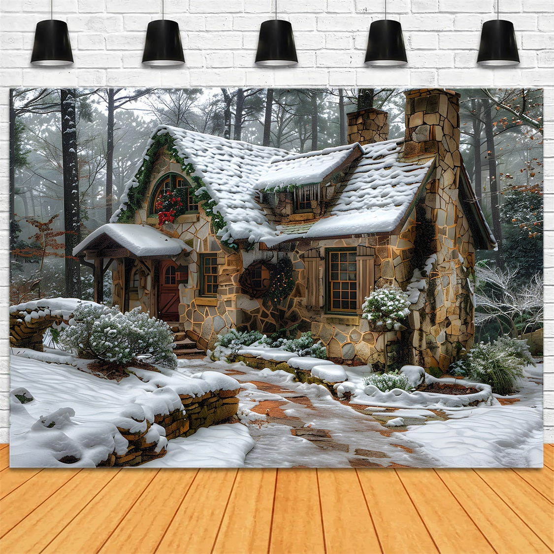 Toile de fond de Noël Cottage en Pierre Rustique RR7-573