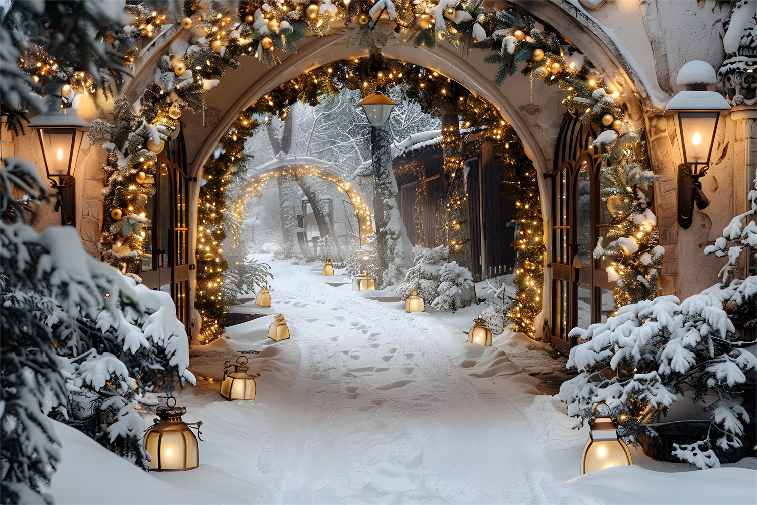 Toile de fond de Noël Chemin Magique avec Lanternes RR7-586